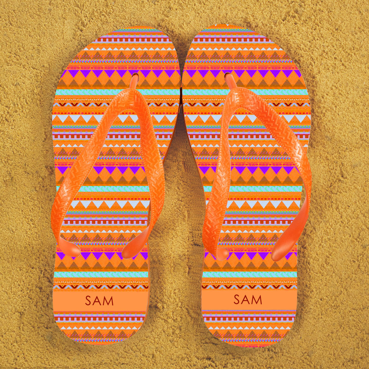 Aztec style Personalised Flip Flops in Orange