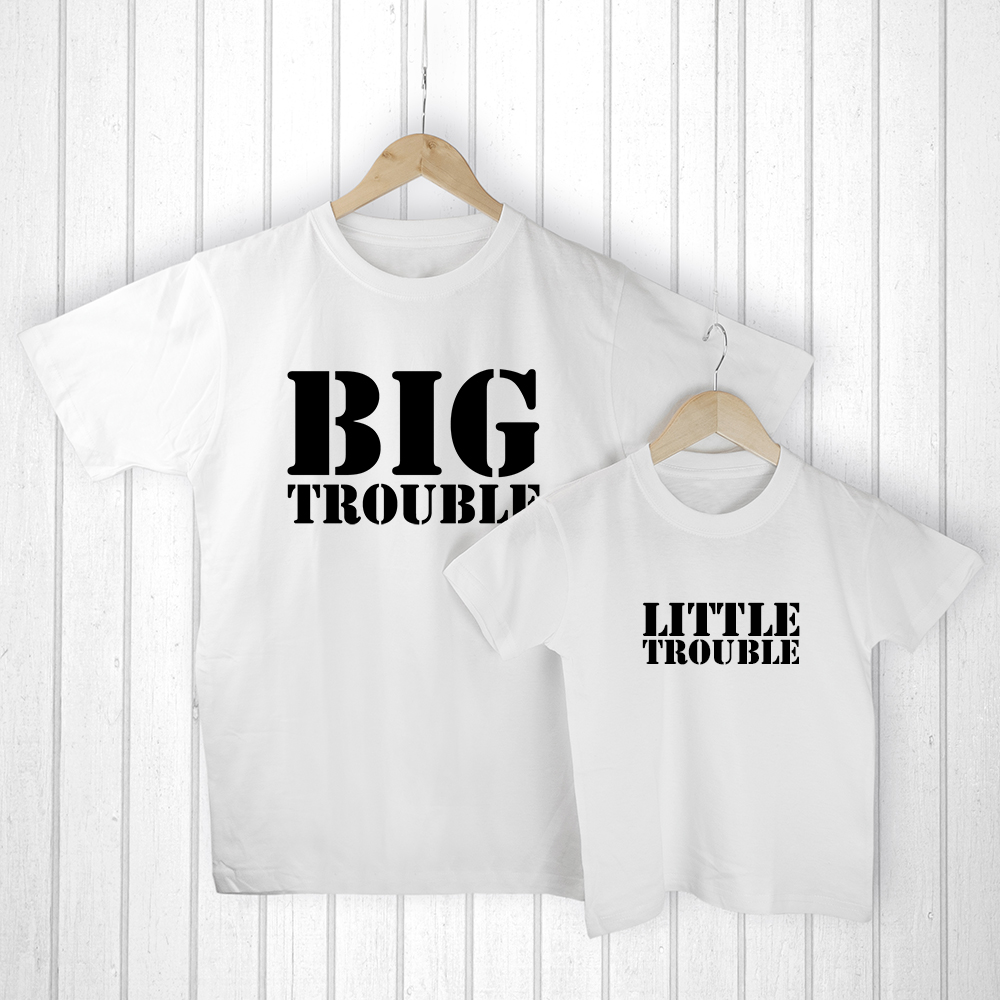Personalised Daddy and Me Here Comes Trouble White T Shirts