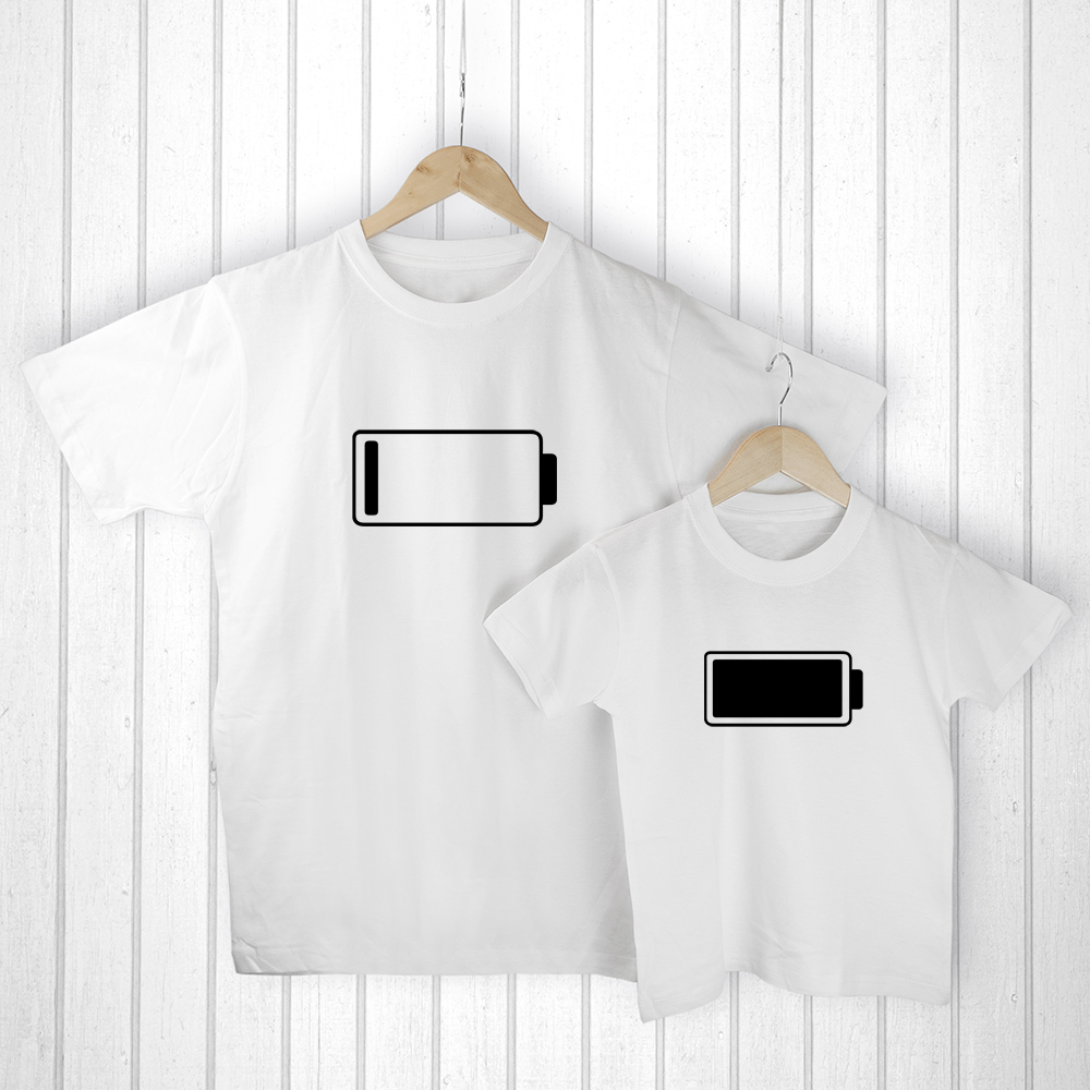 Personalised Daddy and Me Low Battery White T Shirts